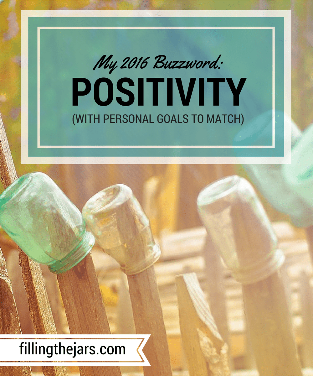 My 2016 Buzzword: Positivity - With Personal Goals to Match - text on turquoise background over image of jars on fence posts.