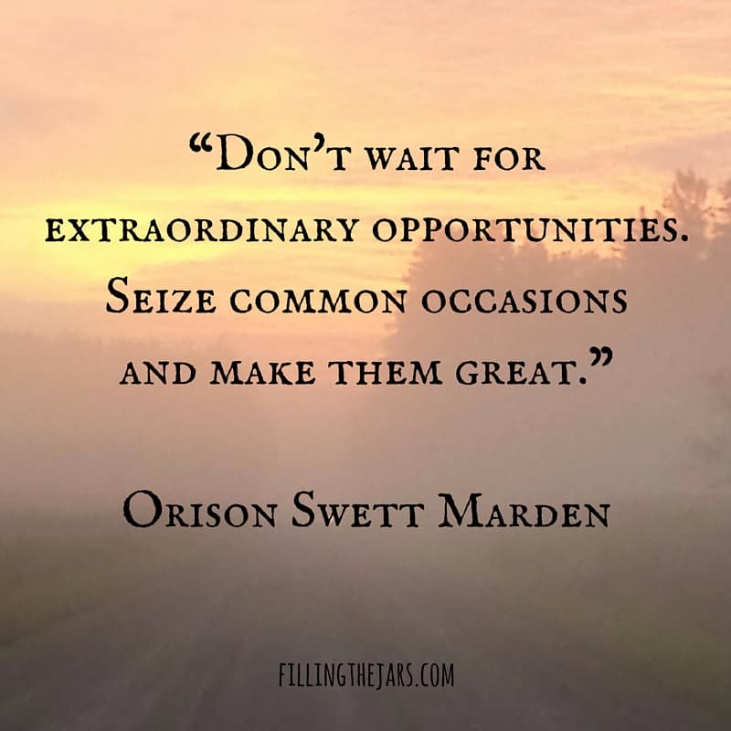 Orison Swett Marden seize common occasions quote in black text on sunrise background.