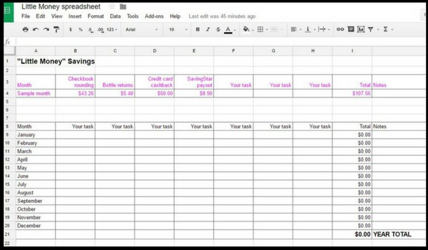 Screenshot of little money tracking spreadsheet.