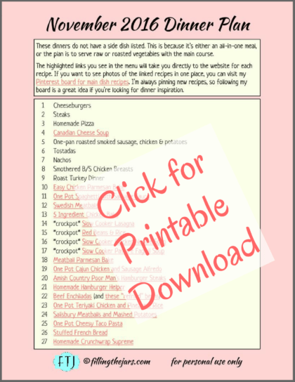 November Monthly Menu Plan printable dinner list with crockpot meals, soups, hearty ground beef dinner ideas.