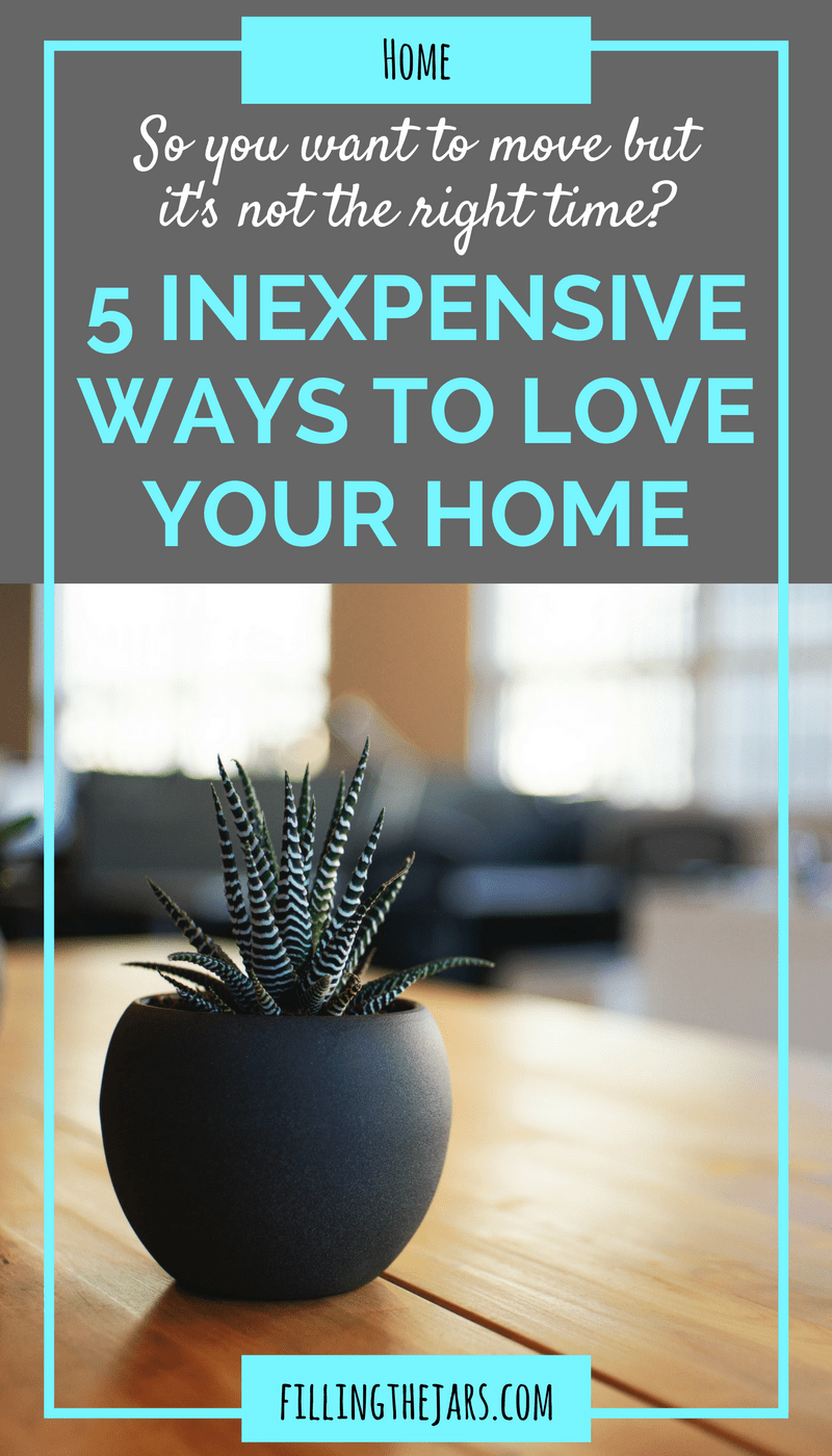 Pinterest image with text '5 Inexpensive Ways to Love Your Home' on gray background above image of small succulent in black planter on a wood table.