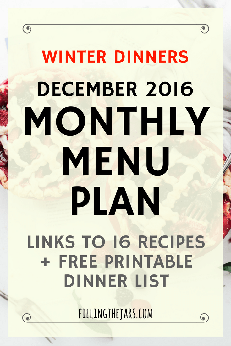 Text winter dinners December monthly menu plan on sheer creamy background.