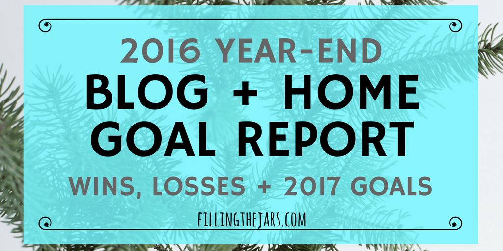 Text 2016 year-end blog and home goal report on turquoise background.