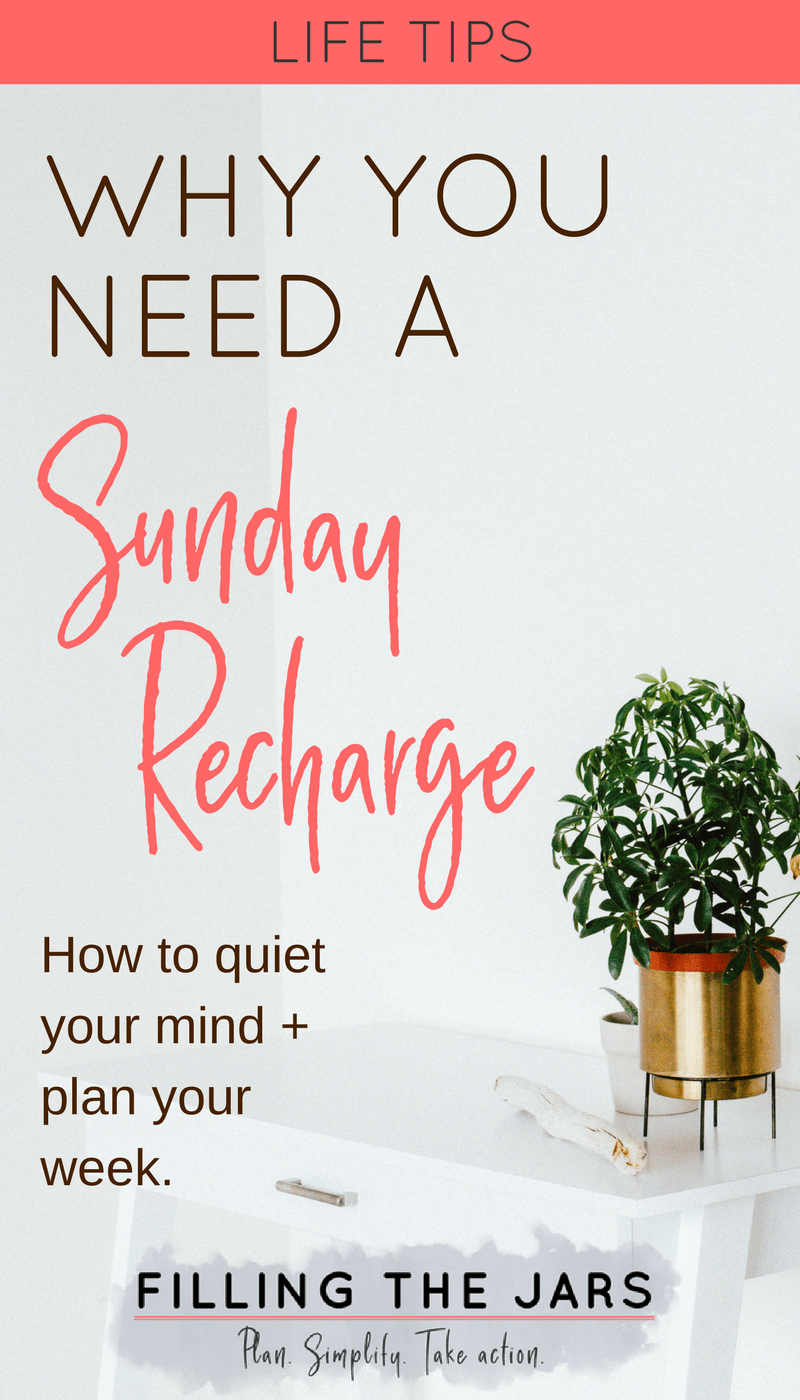 Text why you need a Sunday recharge above subtext how to quiet your mind and plan your week on gray background featuring a plant.