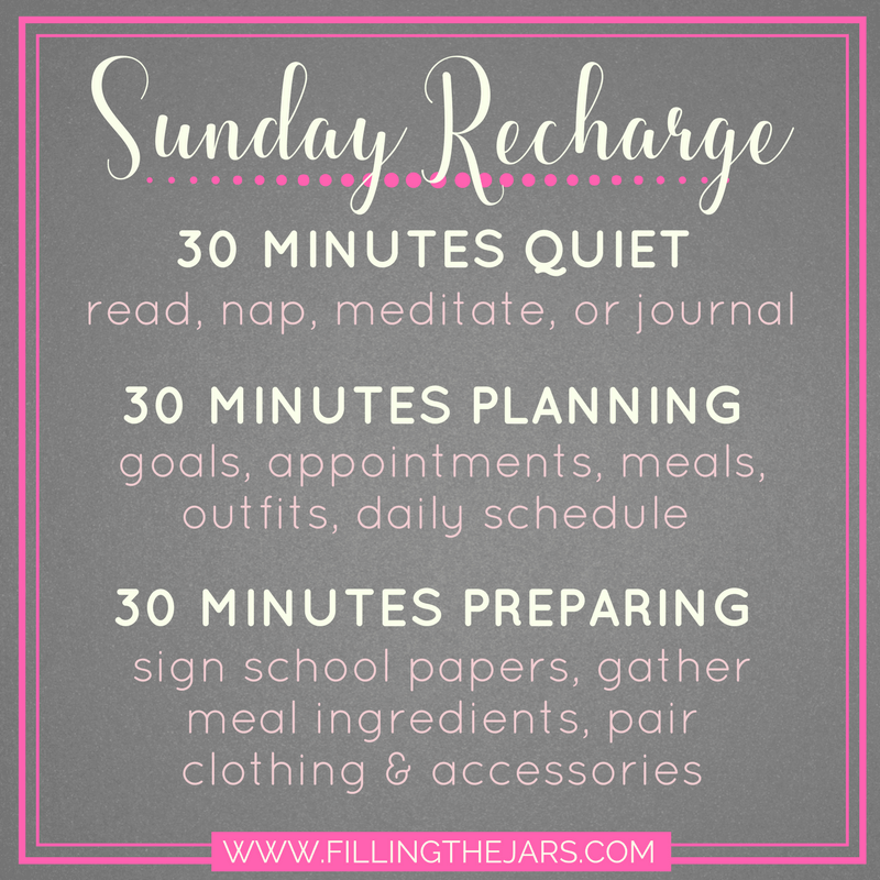 3-part Sunday recharge routine listed in 30-minute segments in pink and white text on gray background.