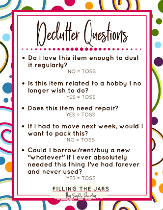 5 questions to ask yourself when decluttering with pink border and colorful circles and squiggles border