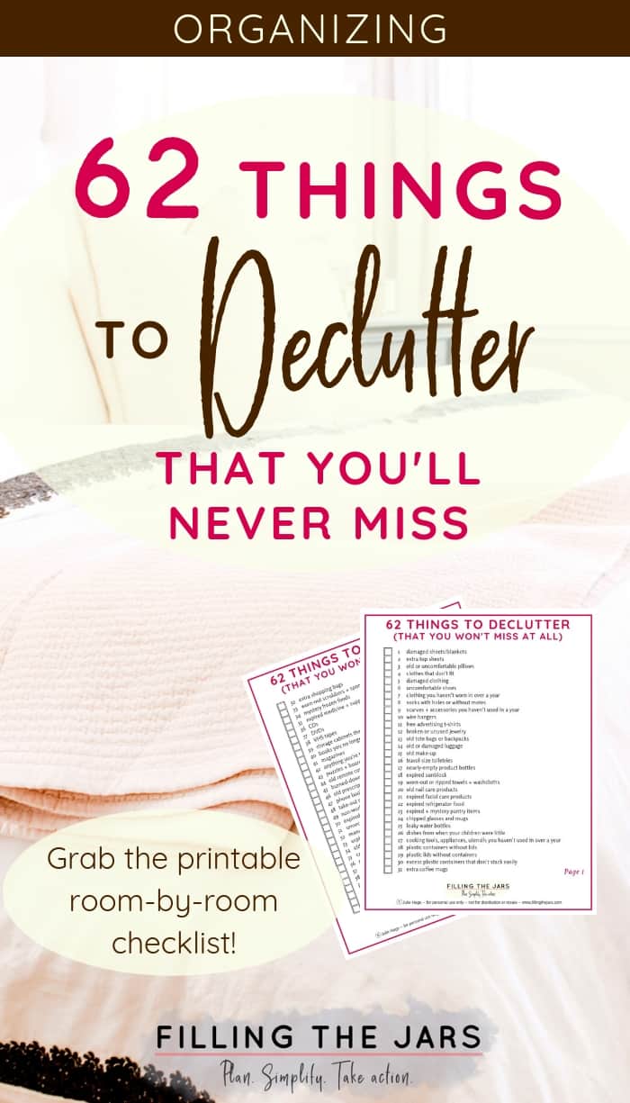 text 62 things to declutter and grab the printable checklist with image of decluttering checklist on faded background of tidy bedroom