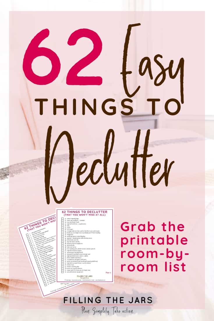 text easy things to declutter with image of decluttering checklist on background of pink and tidy bedroom