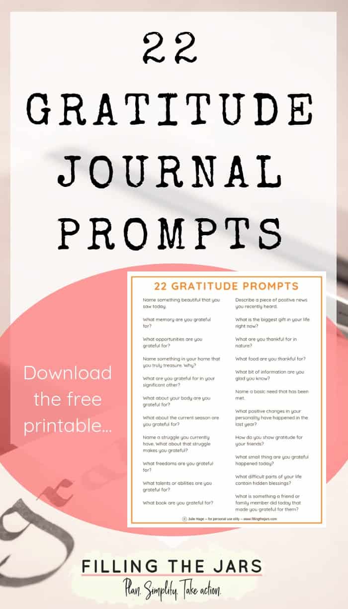 small preview printable gratitude journal prompts and text on white and peach overlay with gratitude journal background