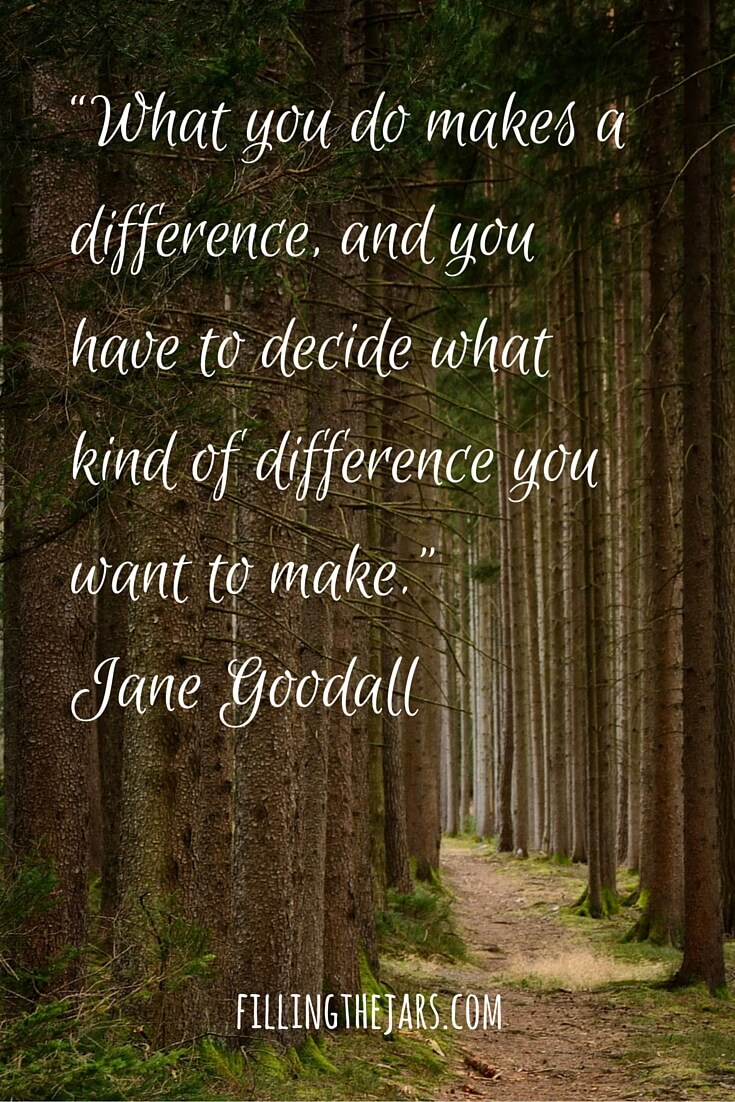 jane goodall motivational quote white text on forest photo background