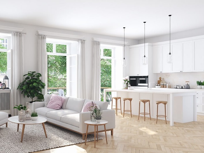 clutter-free home with white kitchen white couch open french doors