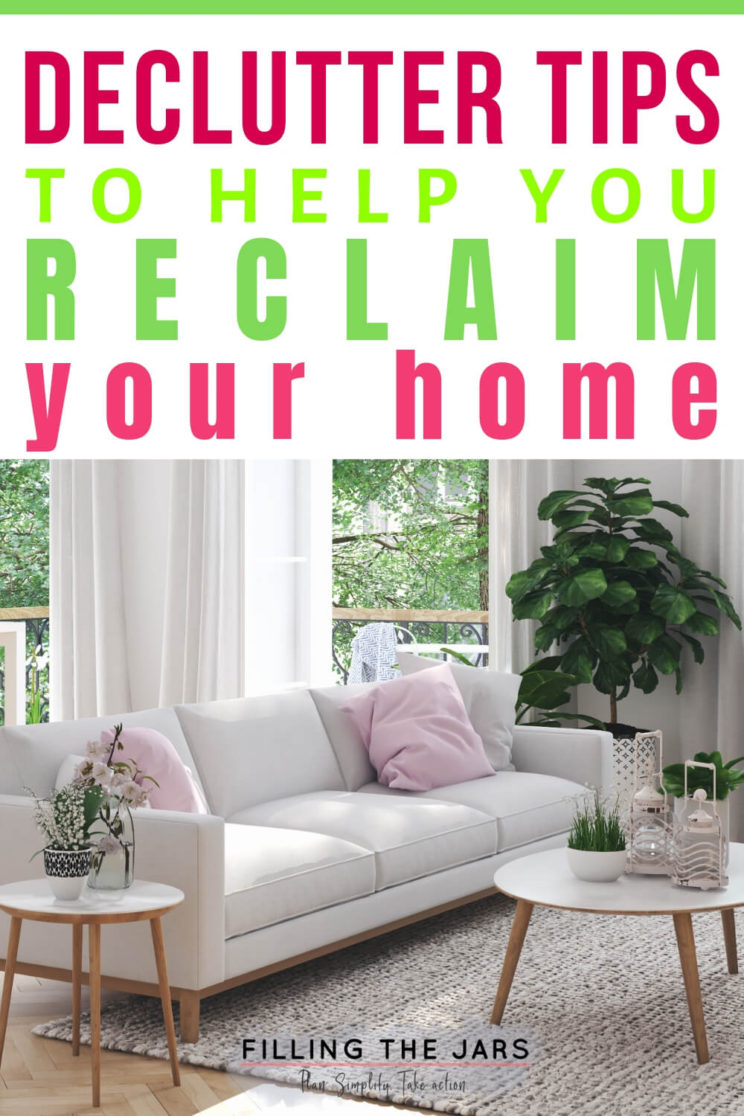 declutter tips text over image of white couch and open french doors in clutter-free living room