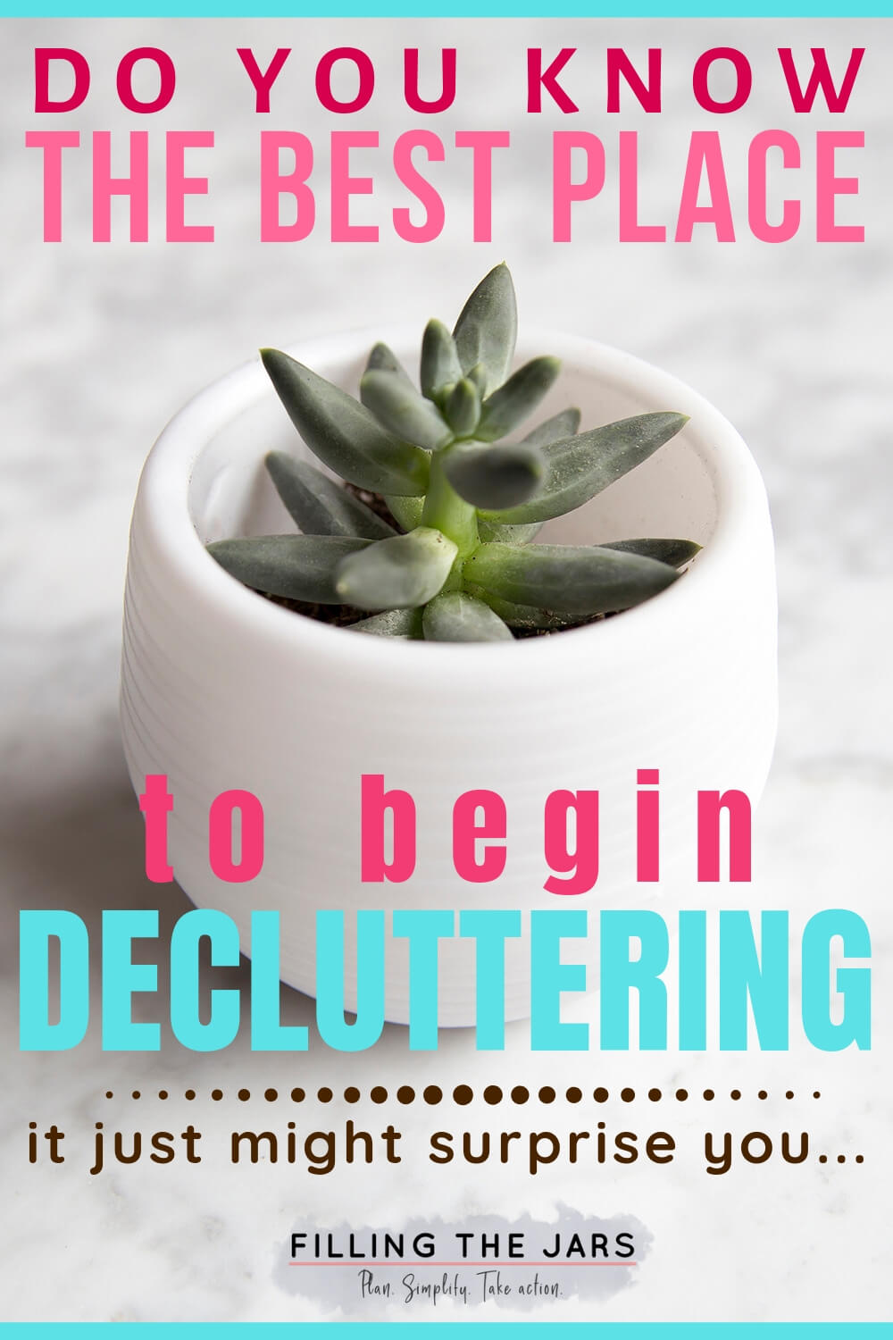 tiny succulent in white pot with pink and teal text overlay best place to begin decluttering