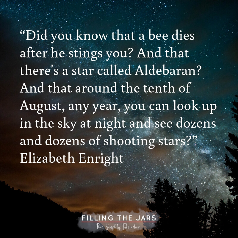 Night sky with text overlay quote around the tenth of august see dozens of shooting stars elizabeth enright.