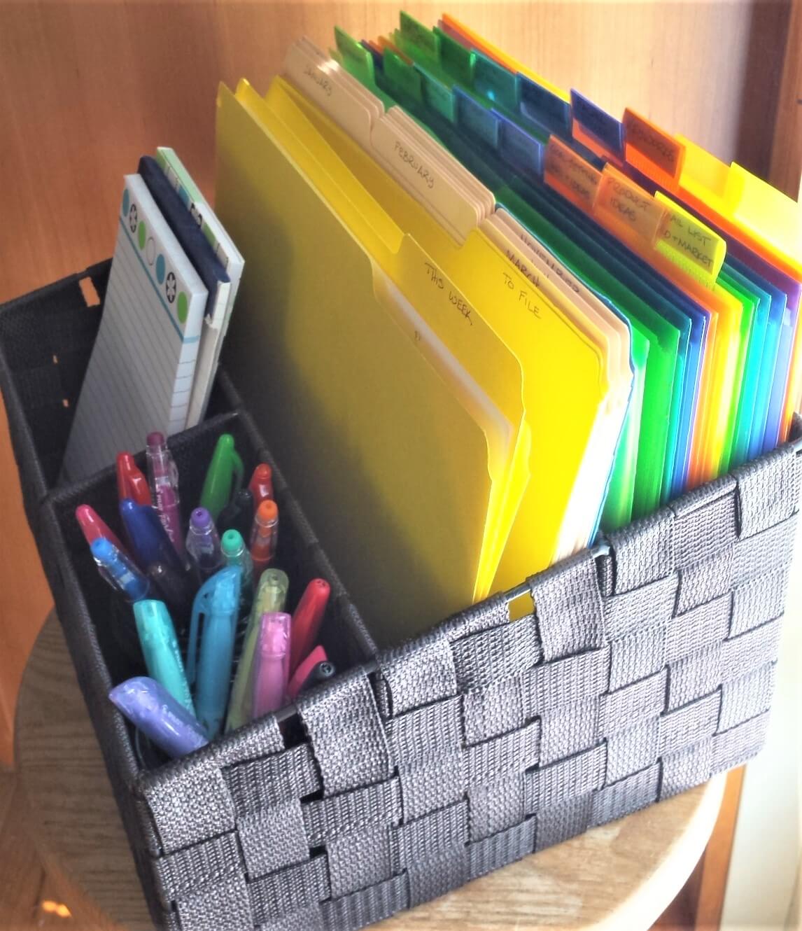 woven file basket with organized files pens and notepads