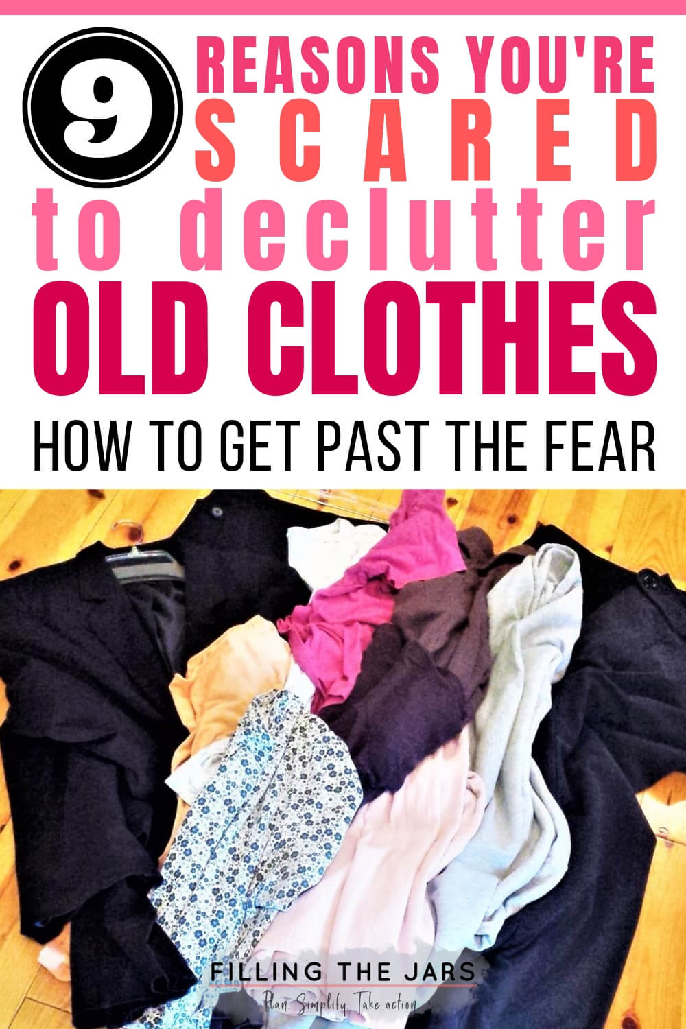 decluttered clothing on wood background with text how to declutter old clothes