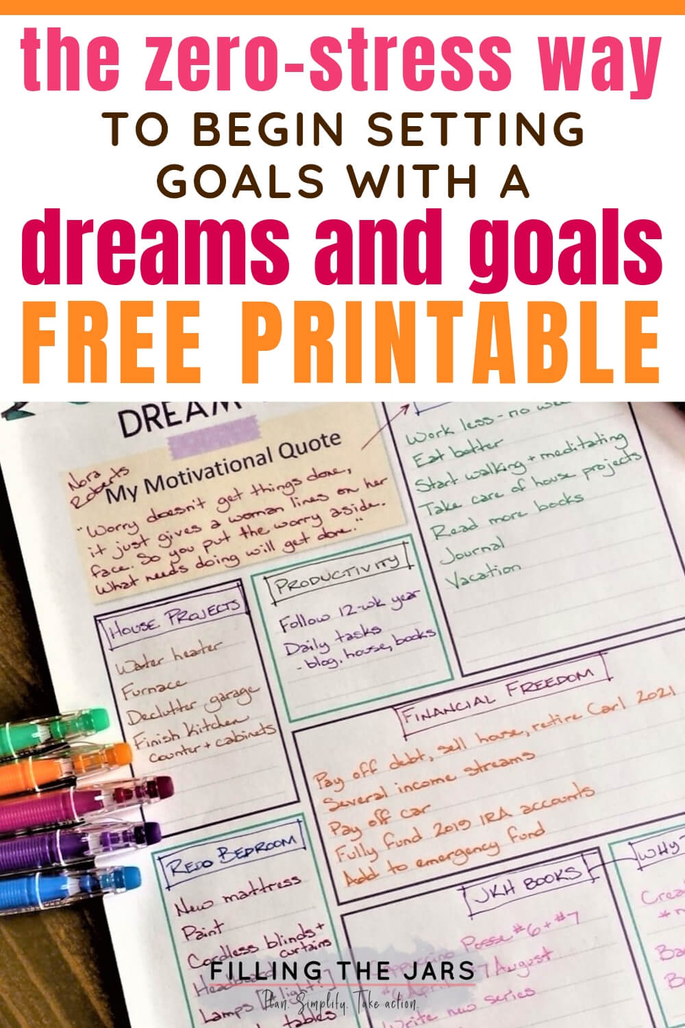 printable dreams and goals worksheet on table with colored pens and text overlay begin goal setting