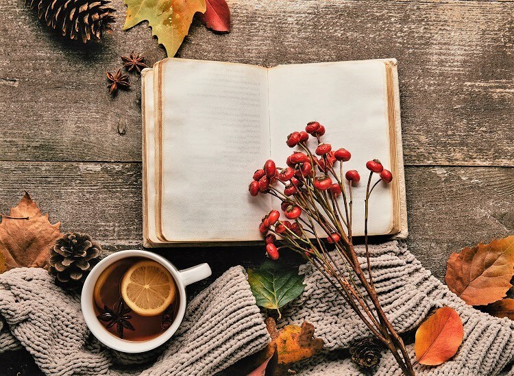 open journal ready to use writing prompts on wood table with pinecones berries tea leaves and cozy sweater