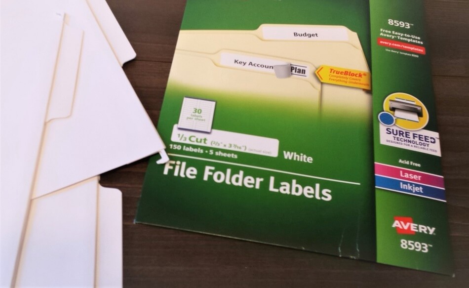 white file folders and avery 8593 file folder labels ready to use to organize school paperwork