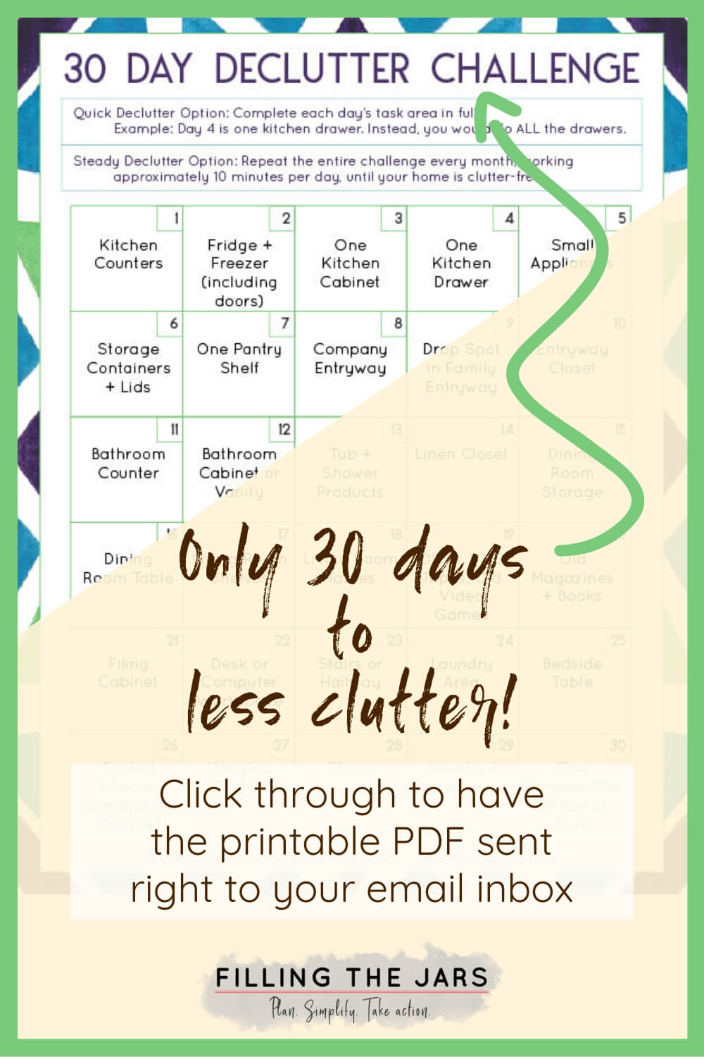 partial image of printable decluttering challenge with overlay and green border