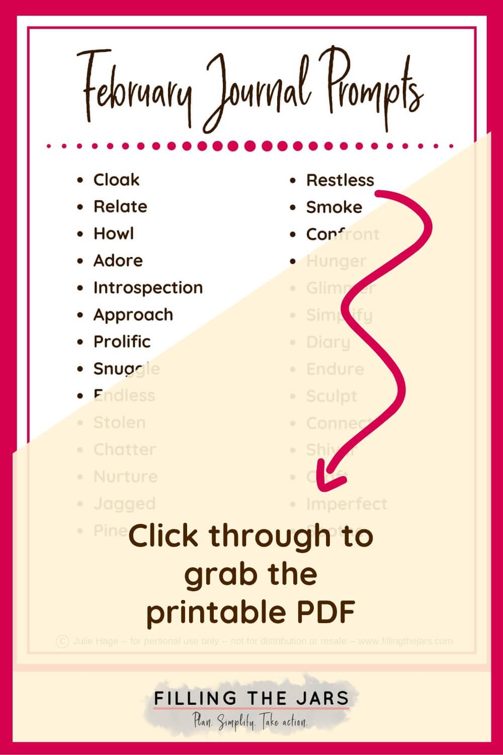 partial list of february writing prompts with pink border and beige overlay