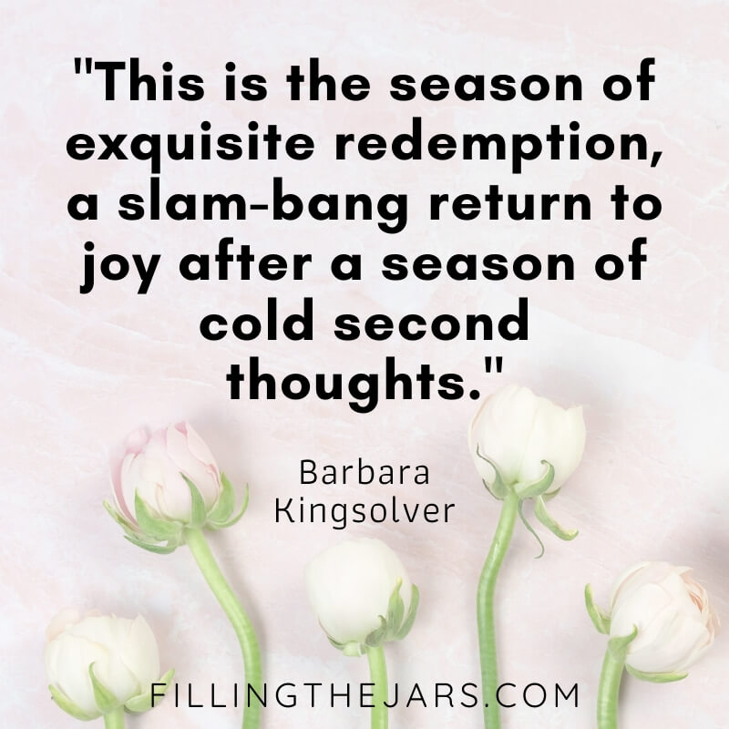 barbara kingsolver quote about spring on pale tulip background