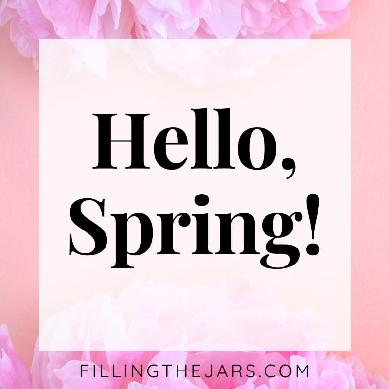 hello spring text on pink peony background with white overlay