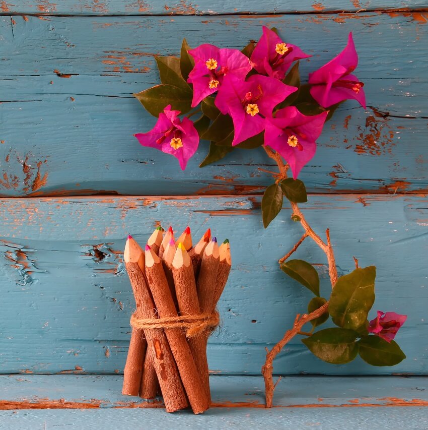 rustic blue wood background with pink flowers and wood pencils ready to use for list journaling