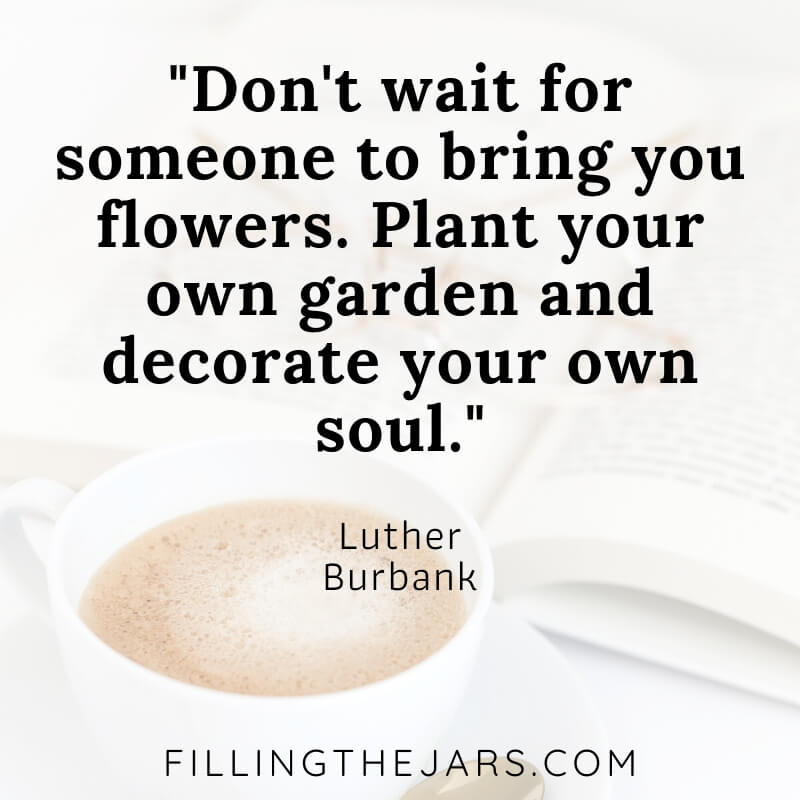 luther burbank spring motivational quote on white background with coffee and open book