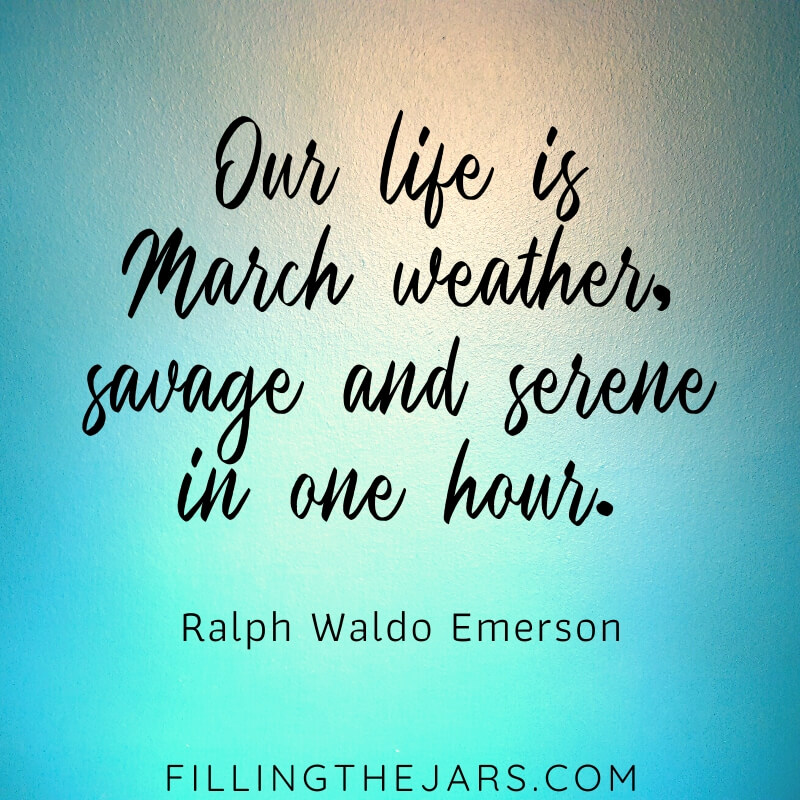 ralph waldo emerson march weather quote on blue and peach background