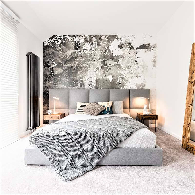 minimalist bedroom with gray and wood accents