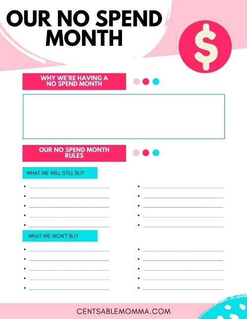 image of printable no spend month goal setting page with pink and teal elements