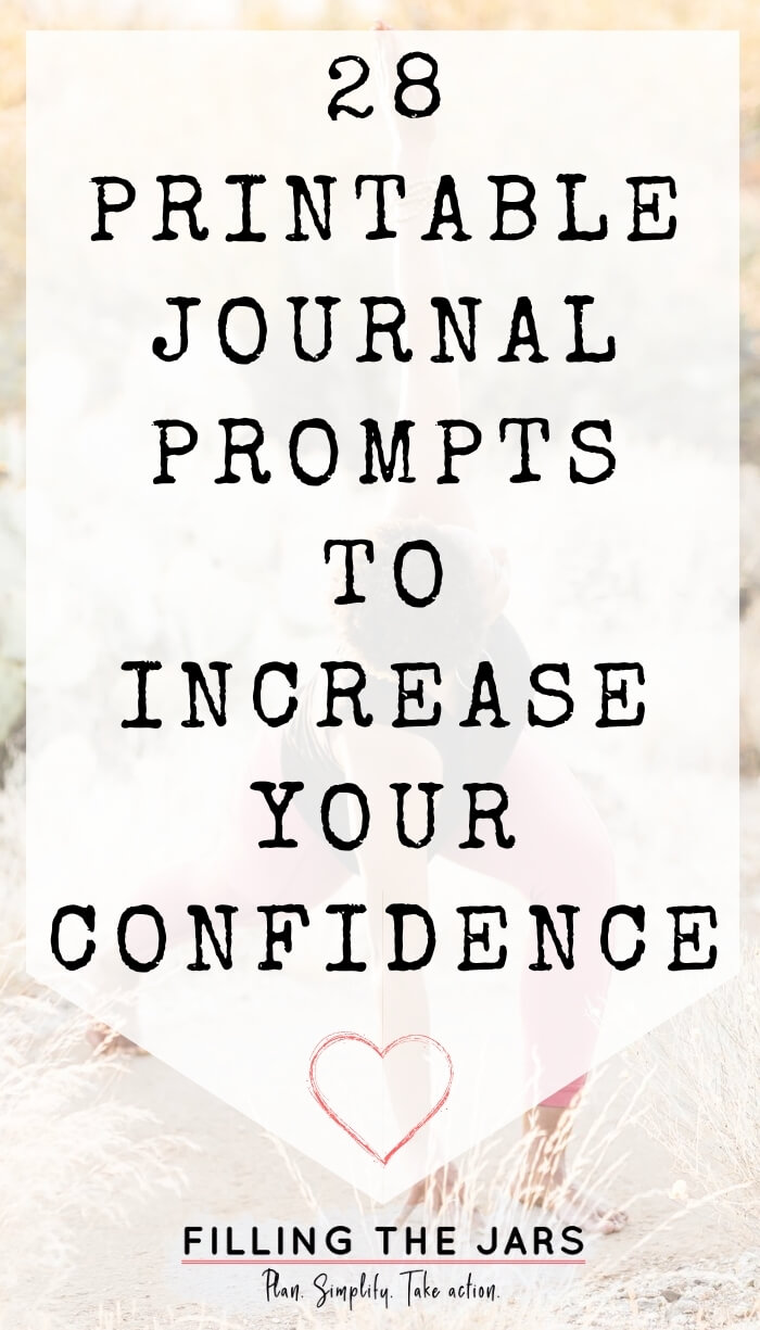 text journal prompts to increase confidence on white background over image of woman doing power yoga in desert