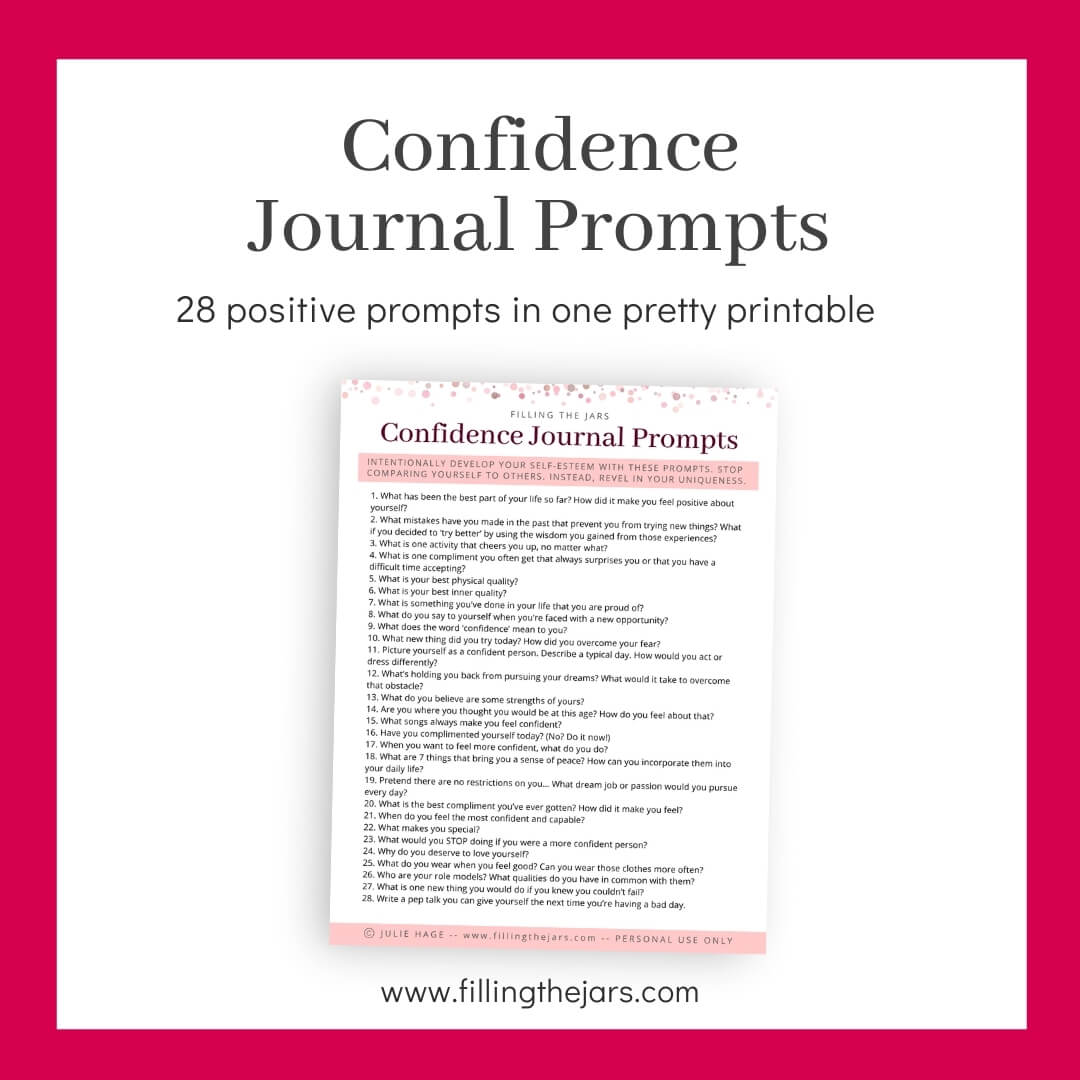 image of printable confidence journal prompts page on white background with dark pink border and title text