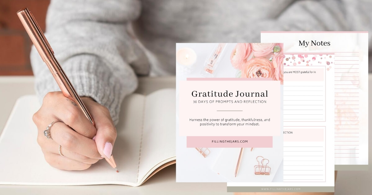 woman wearing gray sweater writing in journal with rose gold pen and overlay of 3 pages from printable gratitude journal