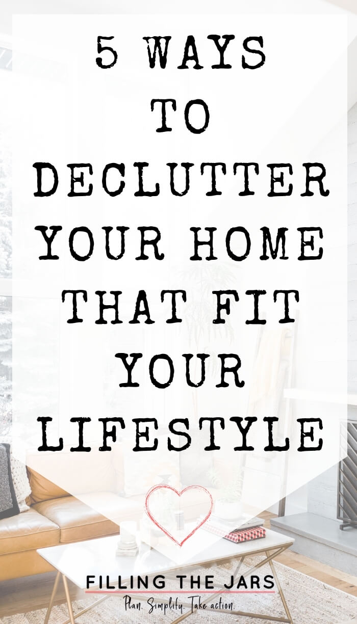 text ways to declutter on white background over image of tidy living room