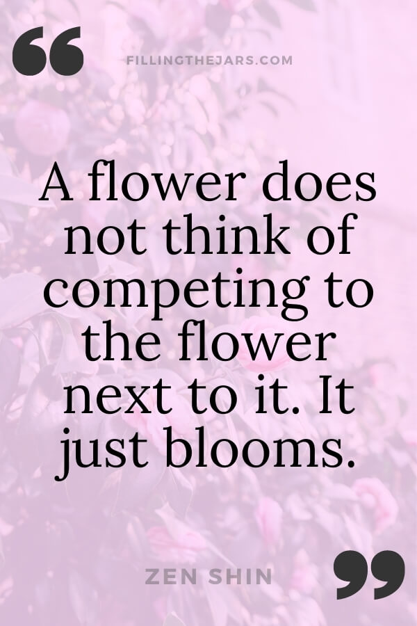 Zen Shin flower just blooms quote in black text on lavender background over image of blooming flowers