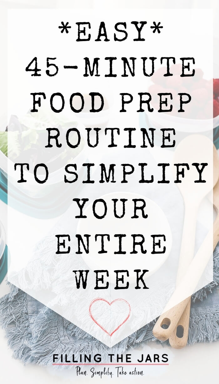 text easy food prep routine on white background over image of prepared food next to white bowl and wood utensils on blue towel