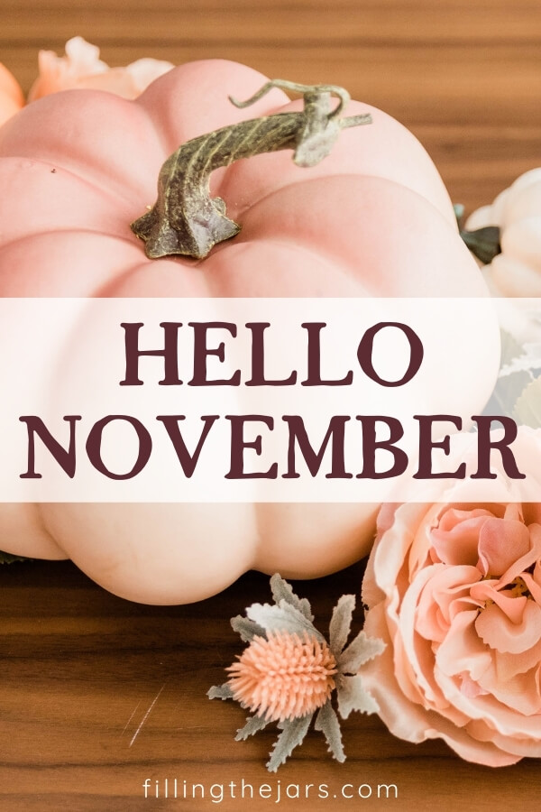 Hello November text on white stripe over image of pale peach pumpkins and flowers on wood table