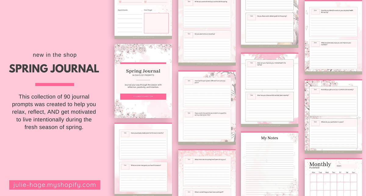 Printable spring journal page layout on pink background.