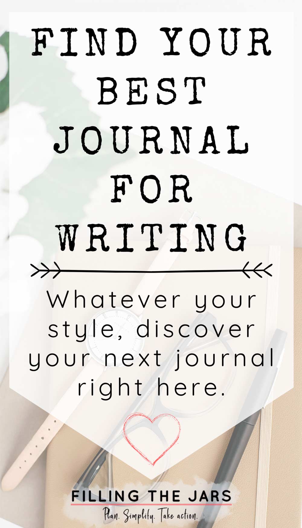 Text find your best journals for writing on white background over image of journal and personal items.