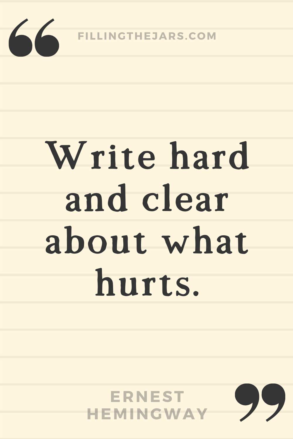 Ernest Hemingway quote 'Write hard and clear about what hurts.' on lightly lined background.