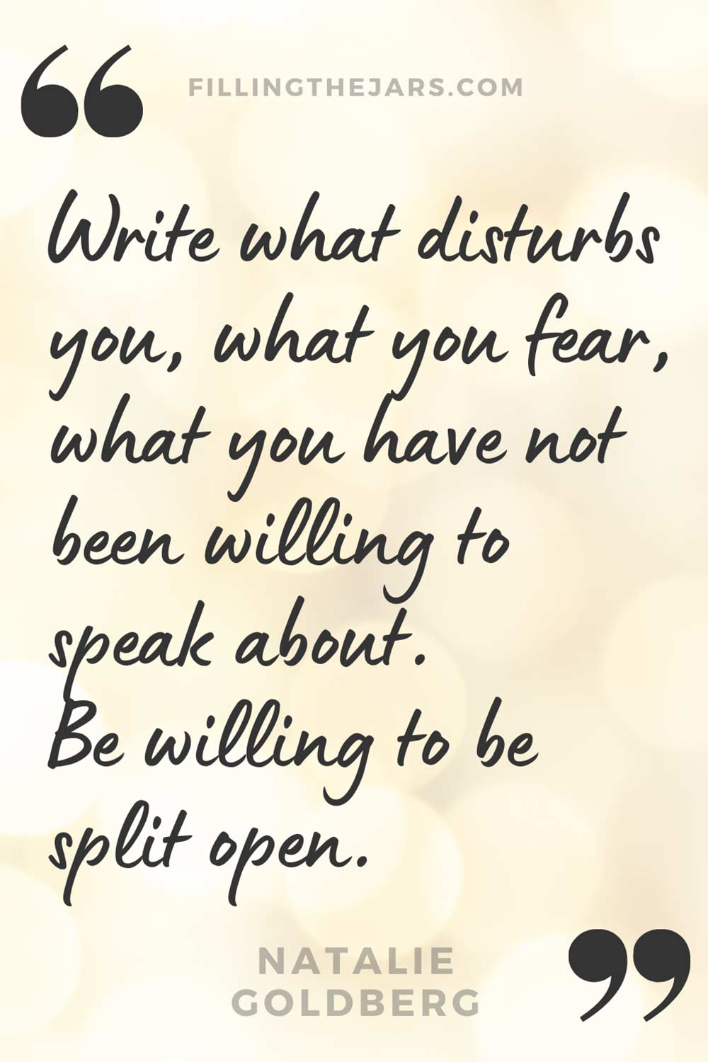 Natalie Goldberg quote 'Write what disturbs you, what you fear, what you have not been willing to speak about. Be willing to be split open.' on pale peach bokeh background.