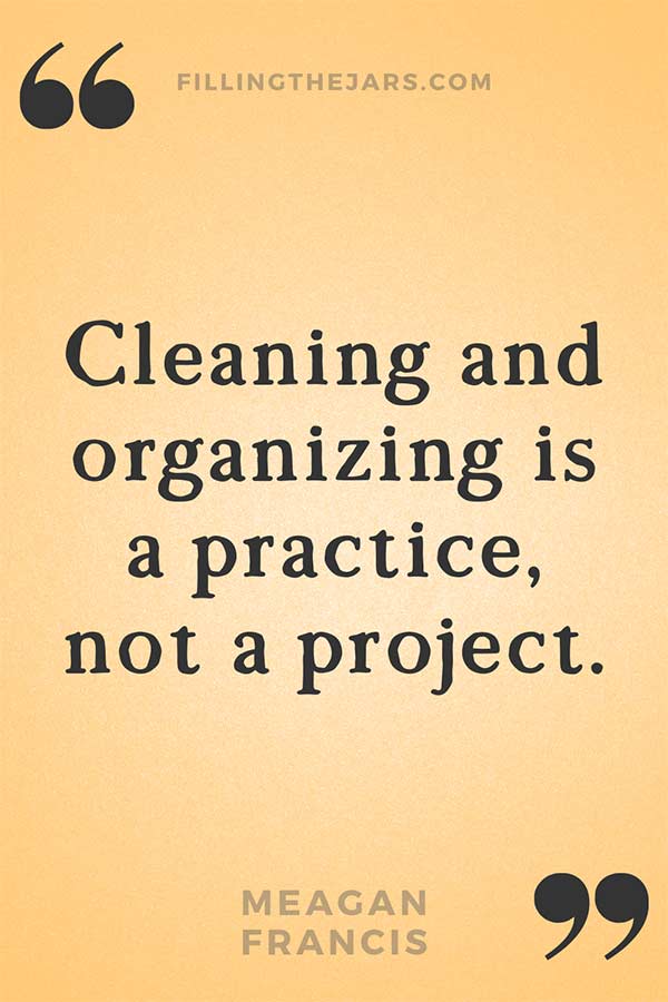 Meagan Francis cleaning and organizing quote in black text on orange background.