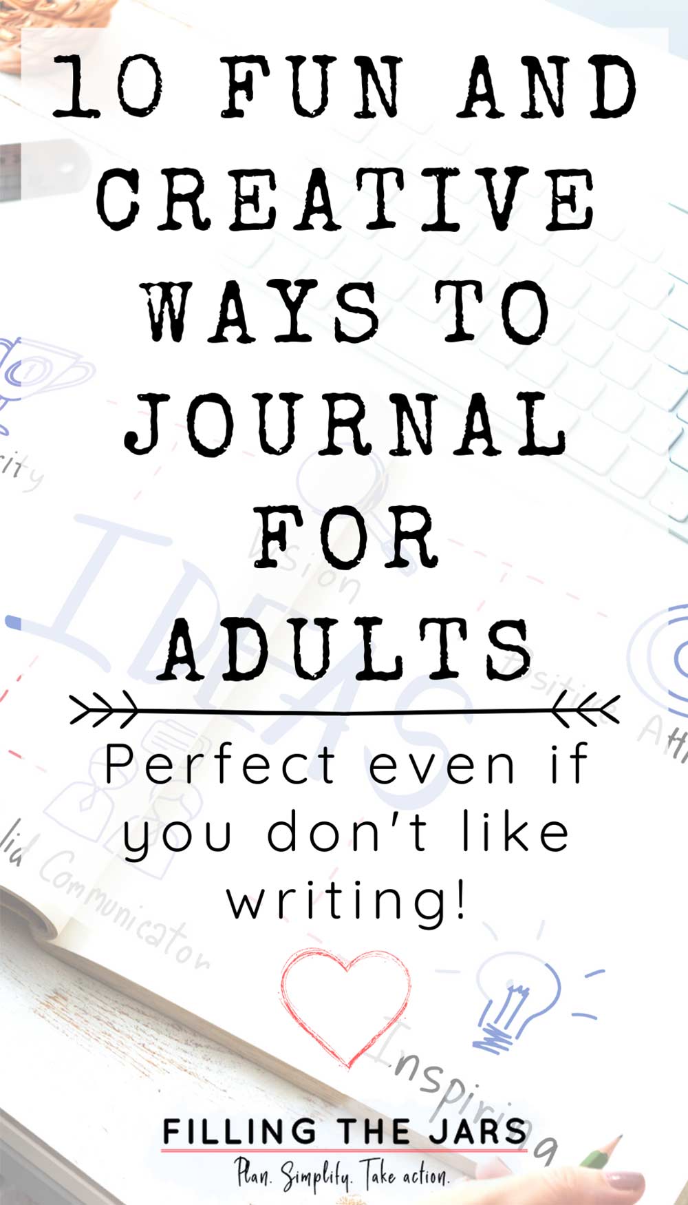 Text creative ways to journal for adults on white background over image of female hand working on mind map journal.