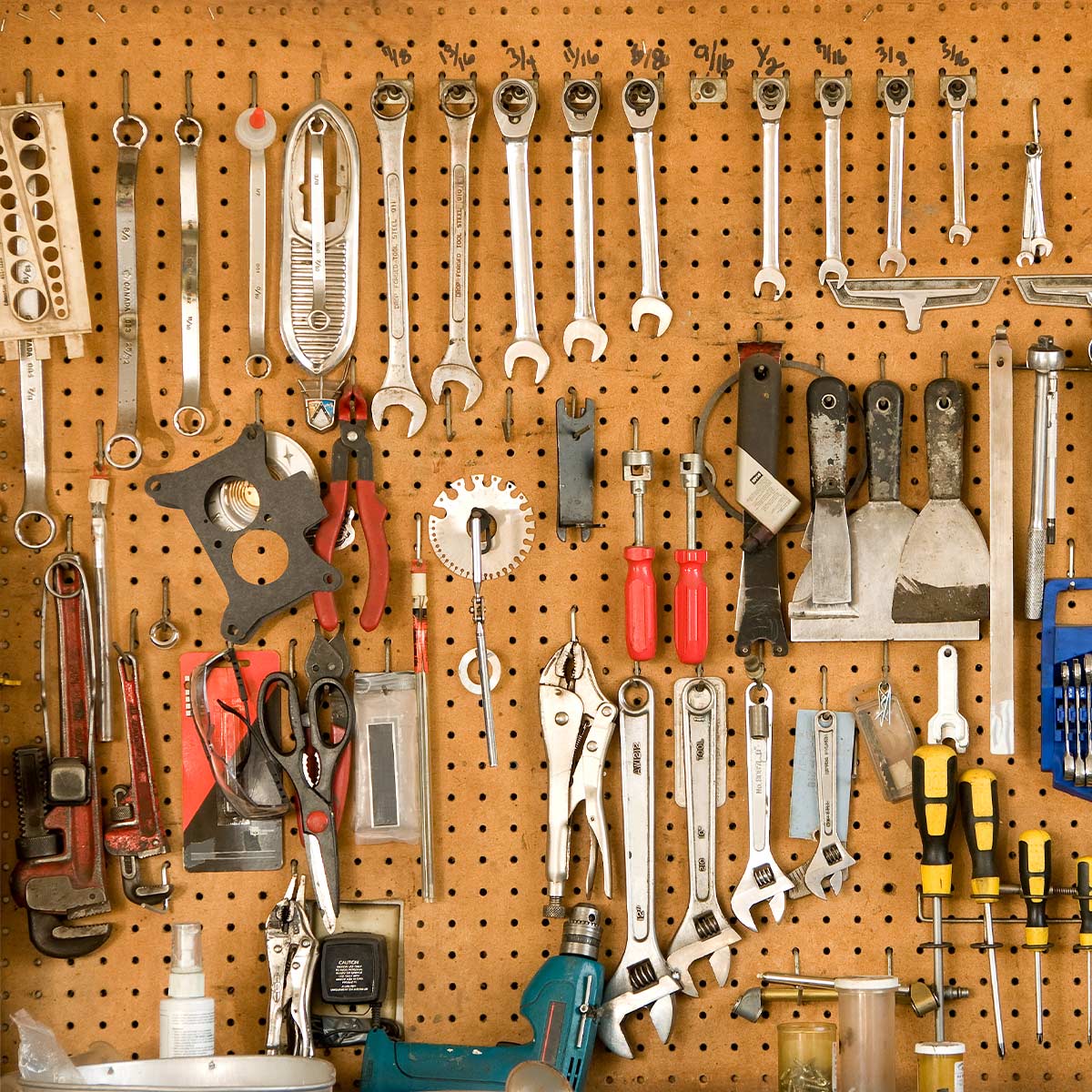 Organized garage tools on pegboard.