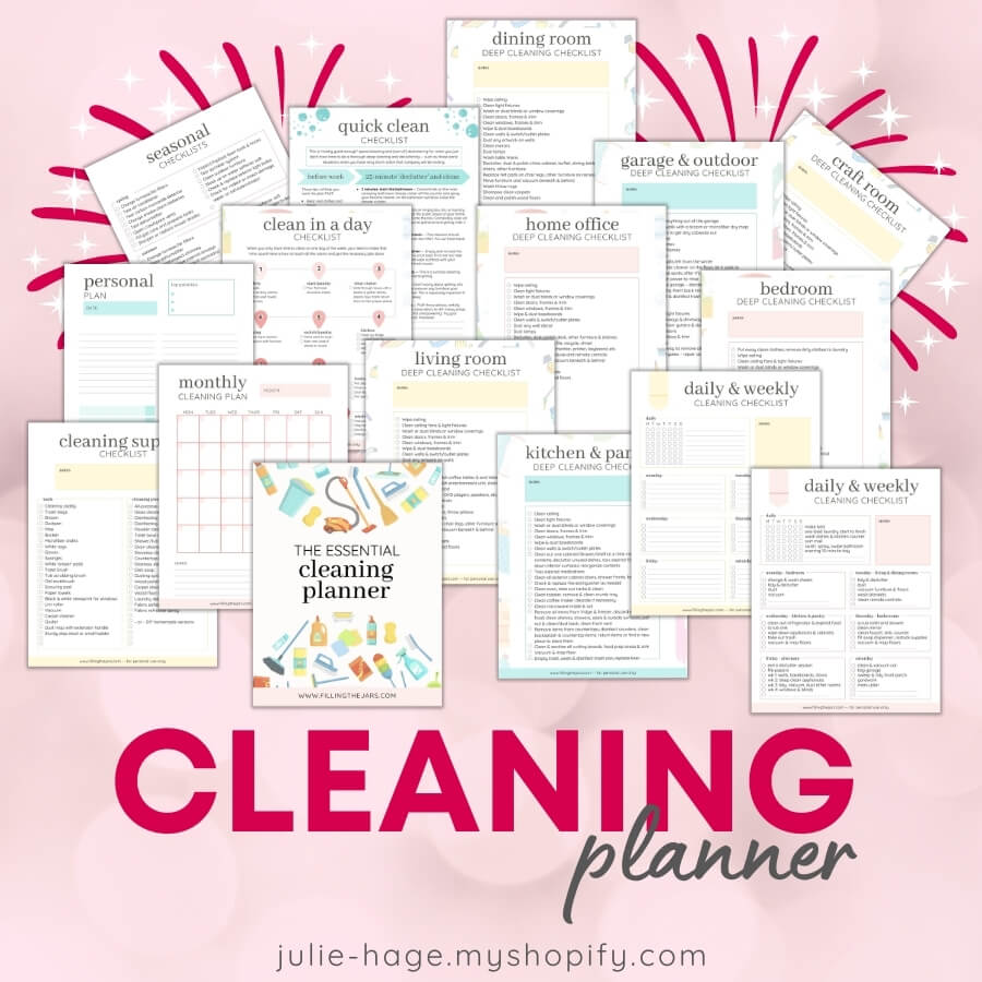 Page layout view of several cleaning checklists from Essential Cleaning Planner on pink bokeh background.