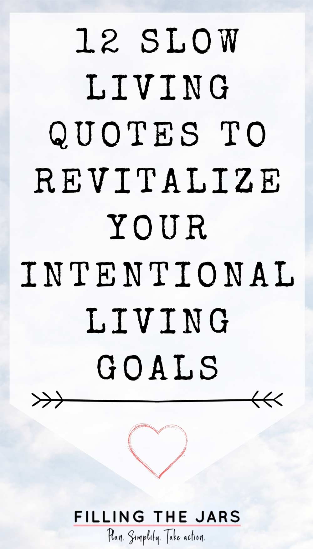 Text slow living quotes to revitalize your intentional living goals on white background over image of fluffy white clouds against blue sky.