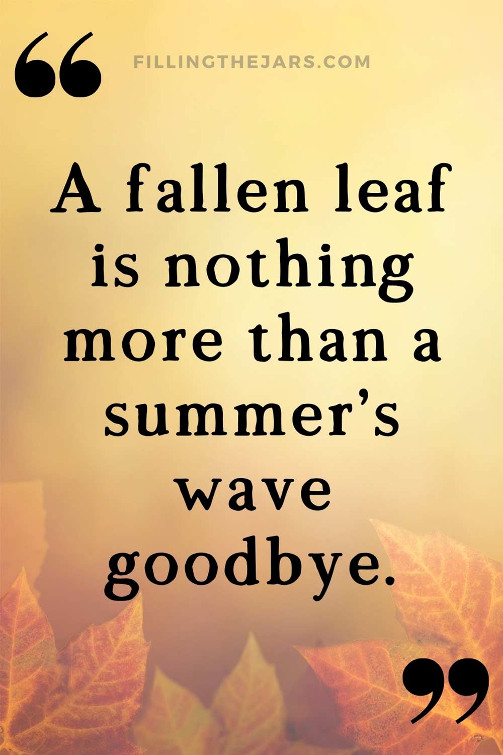 A fallen leaf is a summer’s wave goodbye quote in black text on faded image of autumn leaves.