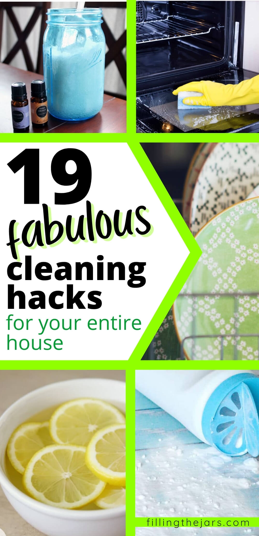 Collage image of cleaning hacks and tips.